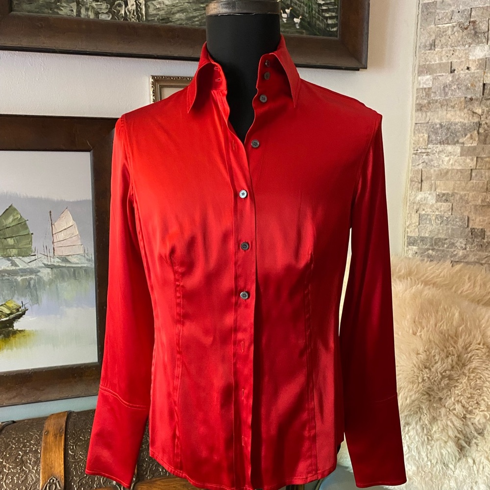 Magaschoni Red Fitted Long Sleeve Button Down